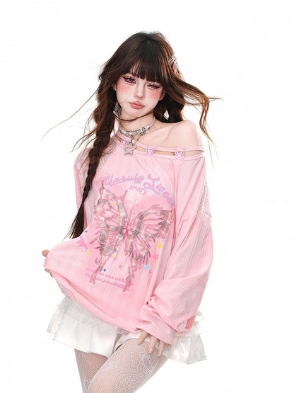 Pink/Apricot Asymmetrical Neckline Butterfly Loose Graphic Top