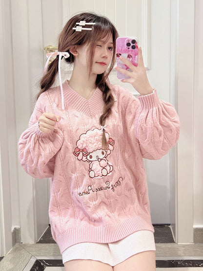 Pink V-Neck Sweater with Sweet Piano Motif