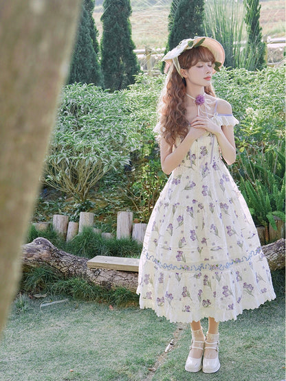 ネックラインジャンパースカート ベージュ オフショルダー パープルアイリス刺繍