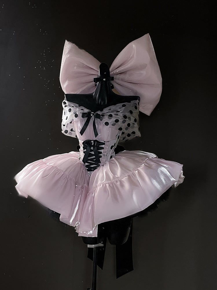 Satin Off-the-Shoulder Dress with and Large Bow Detail Dot Pink Princess Balletcore Polka