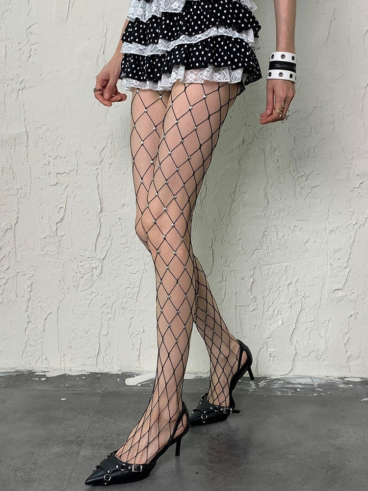 Strumpfhose Sterne Y2K Weiß/Schwarz/Nude Netz