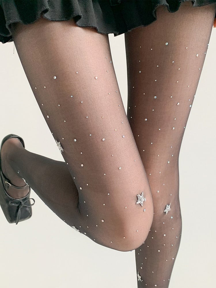 Star & Rhinestone Sheer Tights, Black or Beige - Night Experiment