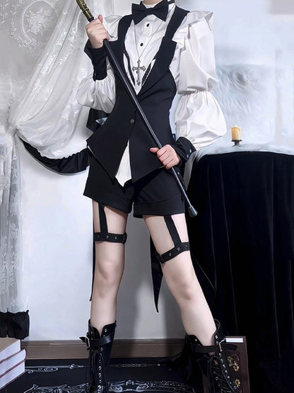 and Prince Lolita Waistcoat Garters - Outfit Ouji Gothic + Bowtie Black Tailcoat with White Shorts Shirt