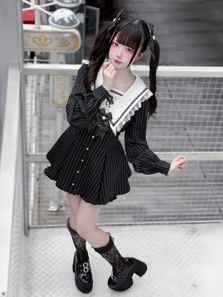 Black Striped Sailor Collar Long-Sleeve Dress with Cherry Blossom Embroidery and Matching Shorts - Dream Core Waves