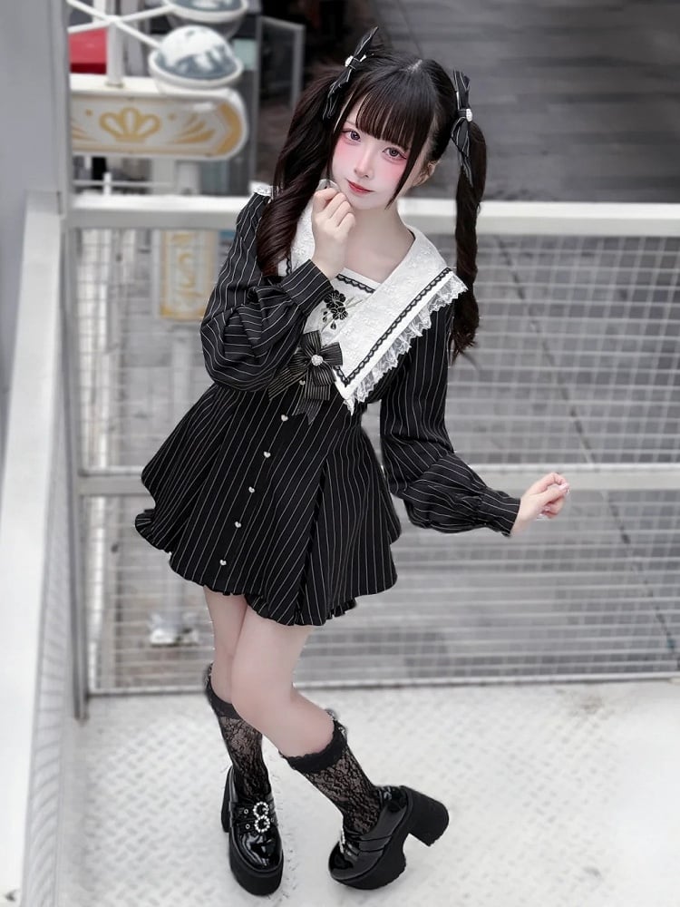 Black Striped Long Sleeve Sailor Dress with Cherry Blossom Detail and Shorts - Dream Core Waves