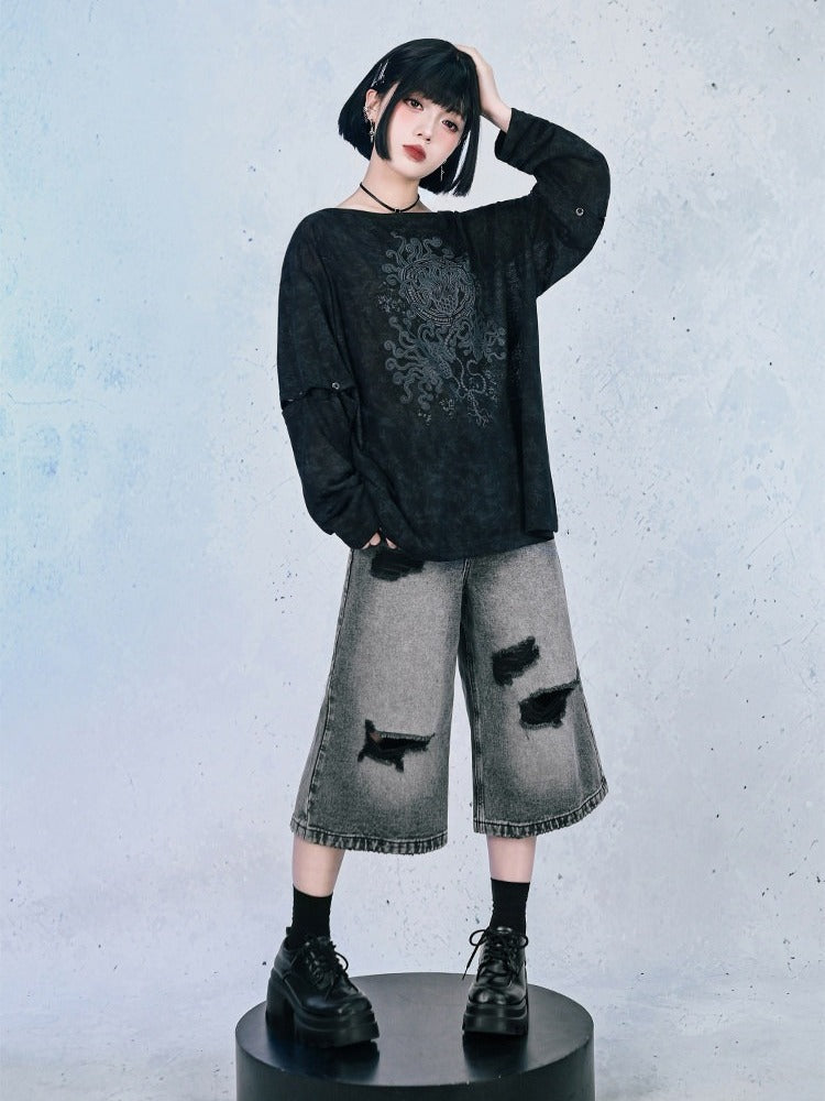 Black Detachable Sleeve UV Tee with Sea Lily Print - Quirky Hut