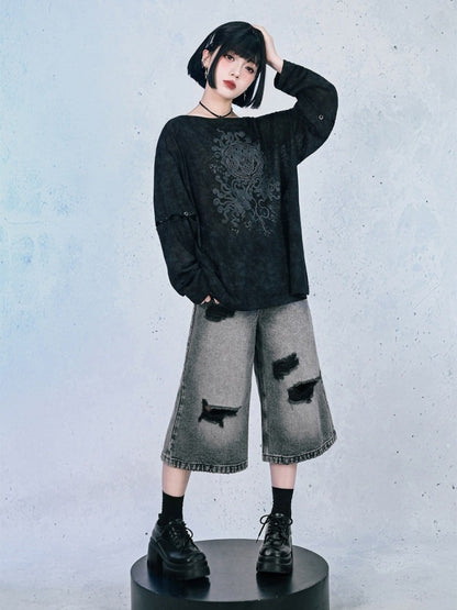 Black Detachable Sleeve UV Tee with Sea Lily Print - Quirky Hut