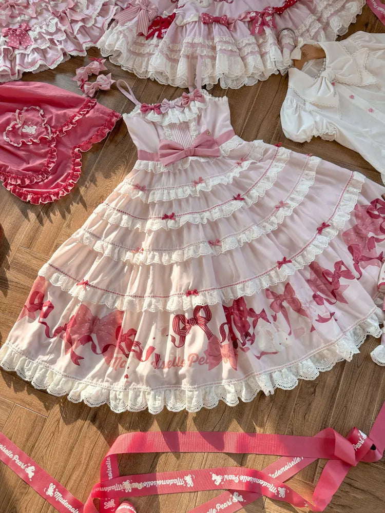 スカート スイートピンク キュート ドレス ジャンパー リボン プリント ロリータ バニー