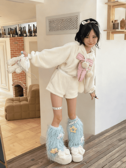 With Decorated Pink/Blue Studded Stars Garter Plush Warmers Leg