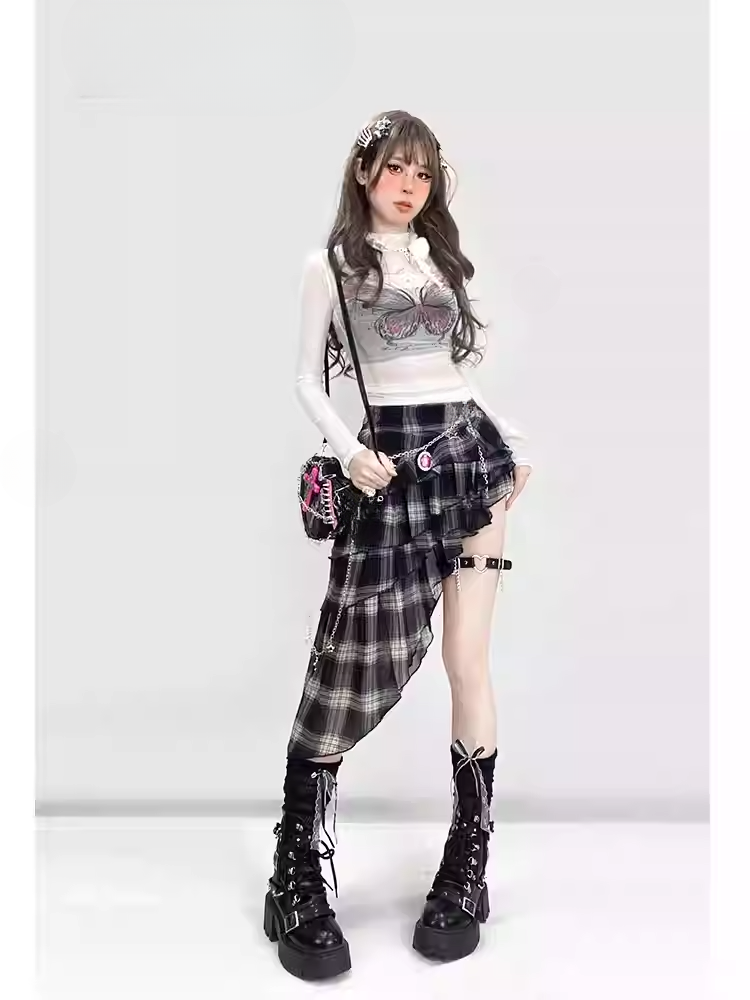 Y2K White Semi-Sheer Mock Neck Butterfly Glamorous Slim-fitting Top