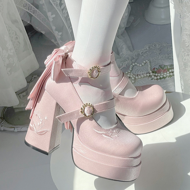 von abnehmbaren Mary High Platform Bowknot Janes Lily Pink Heel the Valley Embroidery Block