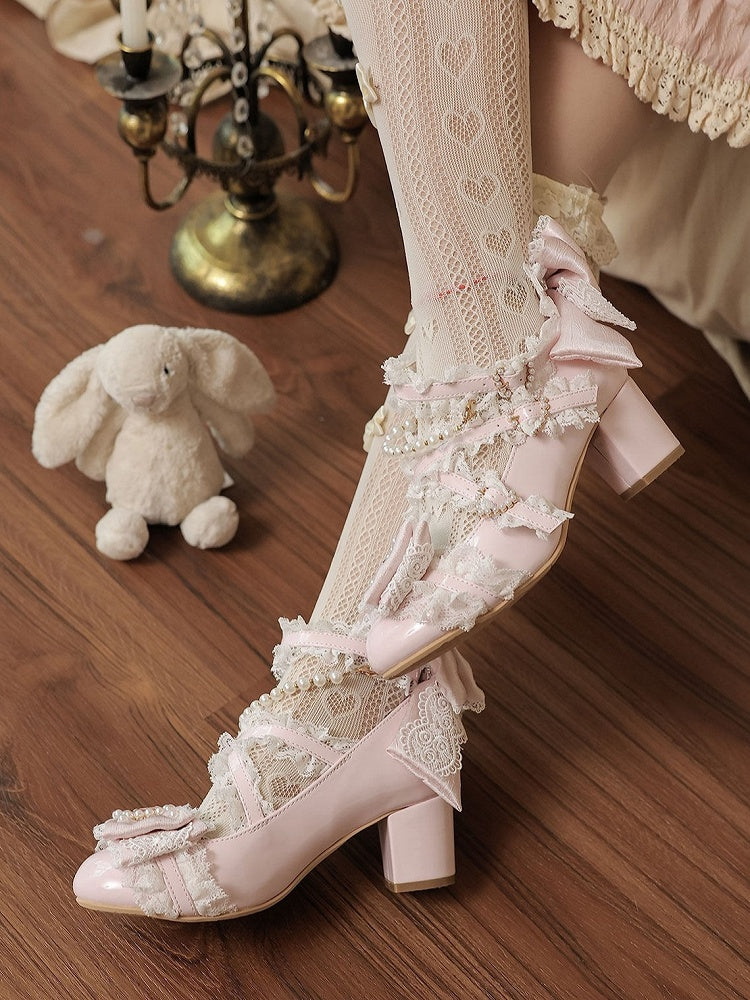 Pink Bowknot & Crystal Embellished Round Toe Lolita Shoes with Heart Buckle and Pearl Chain - Sheep Puff