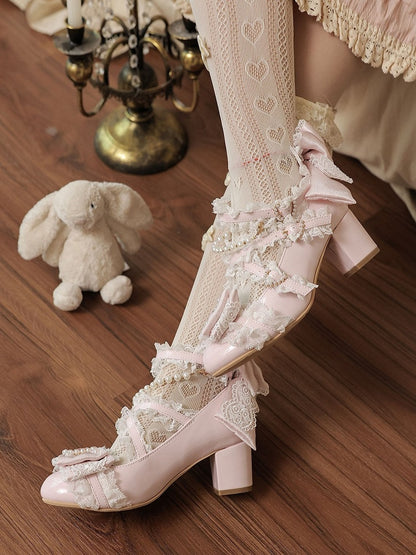 Pink Bowknot & Crystal Embellished Round Toe Lolita Shoes with Heart Buckle and Pearl Chain - Sheep Puff