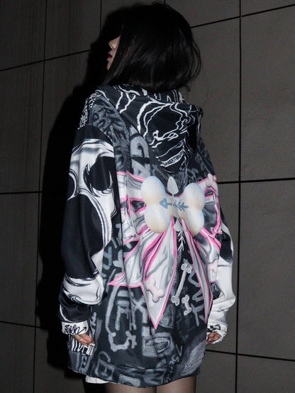 Verschluss Druck Schwarz Zip Brief Hoodie Muster Knochen Große Schleife Gyaru Mode