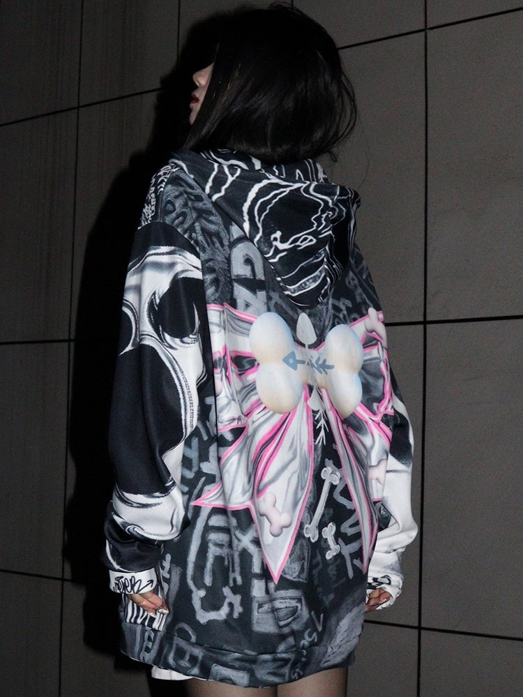 Letter Bow Black Gyaru Closure Hoodie Zip Print Big Pattern Fashion Bone
