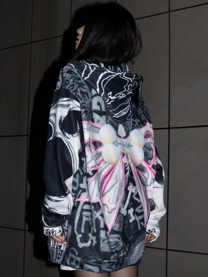 Letter Bow Black Gyaru Closure Hoodie Zip Print Big Pattern Fashion Bone