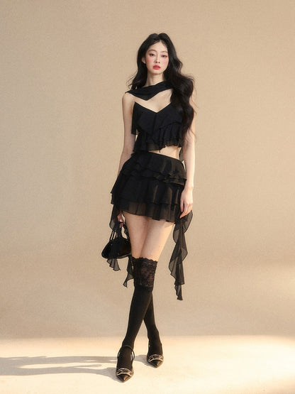 Tiered Black Chiffon V-Neck with Ruffles Cropped Cami Top Scarf Free