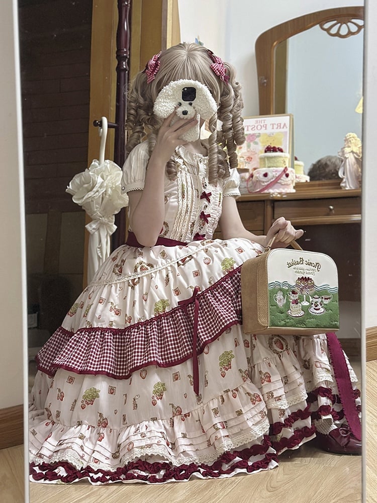 with Sweet Print Red Gingham and Dress Strawberry Ruffle Layers Lolita