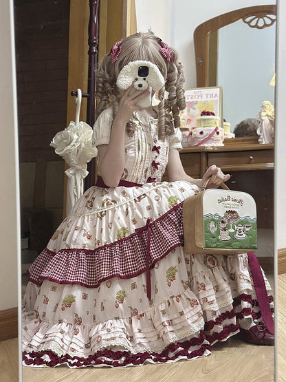 with Sweet Print Red Gingham and Dress Strawberry Ruffle Layers Lolita
