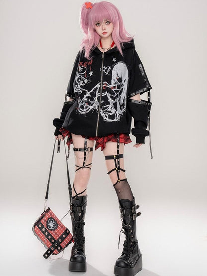 Punk Black/Beige Comic Girl Cutout Sleeves Zip Hoodie