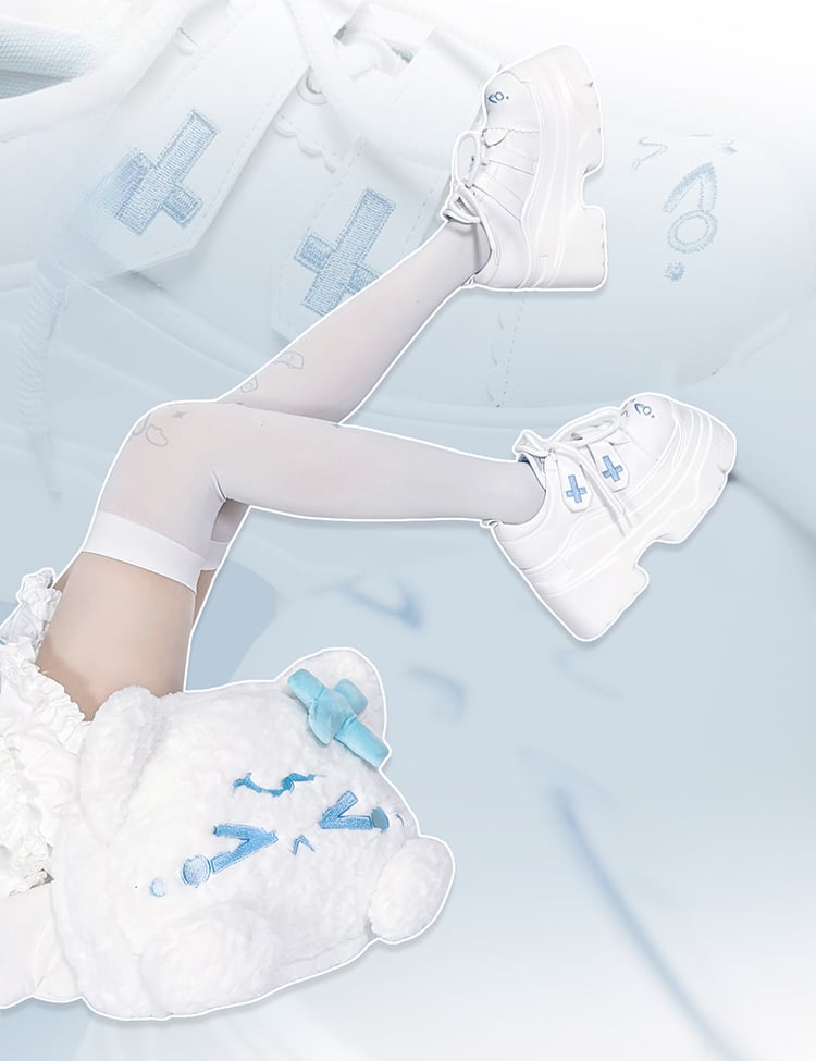 Yami Kawaii Matte White Cross Velcro Strap Kitty Ears Platform Shoes