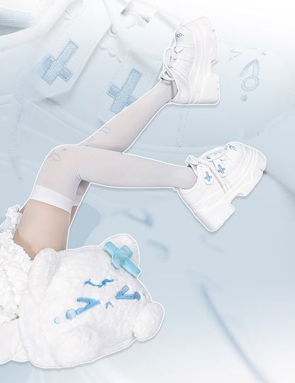 Yami Kawaii Matte White Cross Velcro Strap Kitty Ears Platform Shoes