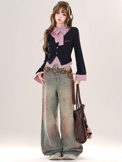 Grey/Navy Blue Plaid Patchwork Faux Two-piece Cardigan