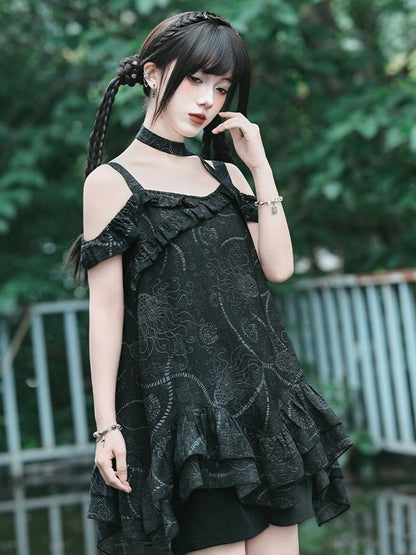 Gothic Black Off-Shoulder Cami Sea Lily Ruffle - Quirky Hut