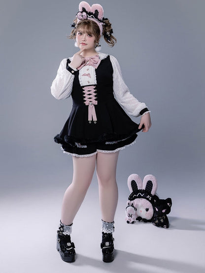 Full Shorts Black Pink Bunny Matching Cape Set Kei Brooch Dress Ear Jirai Bow + Lace Plush