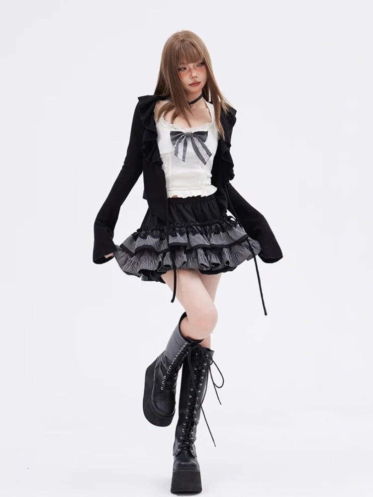 Hem Tiered Trim Cardigan Cami Glamorous Ruffle White +Big Ruffled Skirt Bow Full Set-Black Top+Black