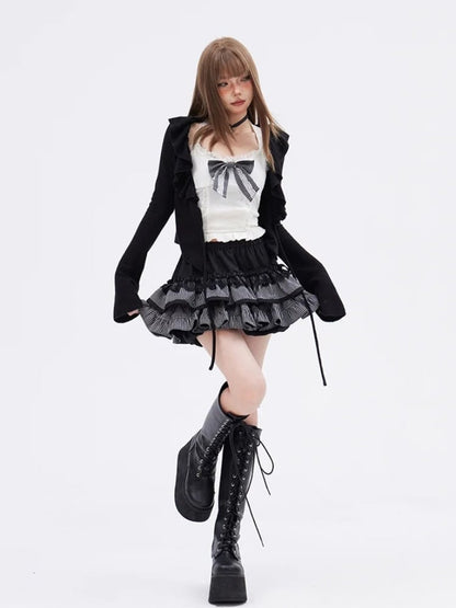 Hem Tiered Trim Cardigan Cami Glamorous Ruffle White +Big Ruffled Skirt Bow Full Set-Black Top+Black