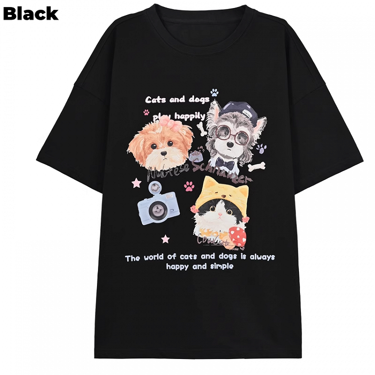 ホワイト/ブラック/ダークブルー ラウンドネック 子犬と子猫プリント ルーズTシャツ