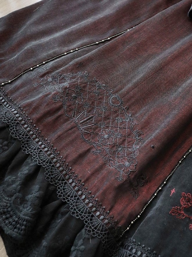 Details Dress with Square Neckline Embroidered Black Gothic Lace Red Lolita