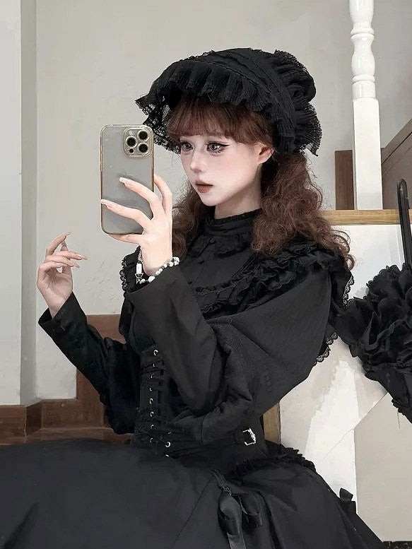 Black and Beige Lace Trim Lolita Bonnet by Bunny Magic Forest