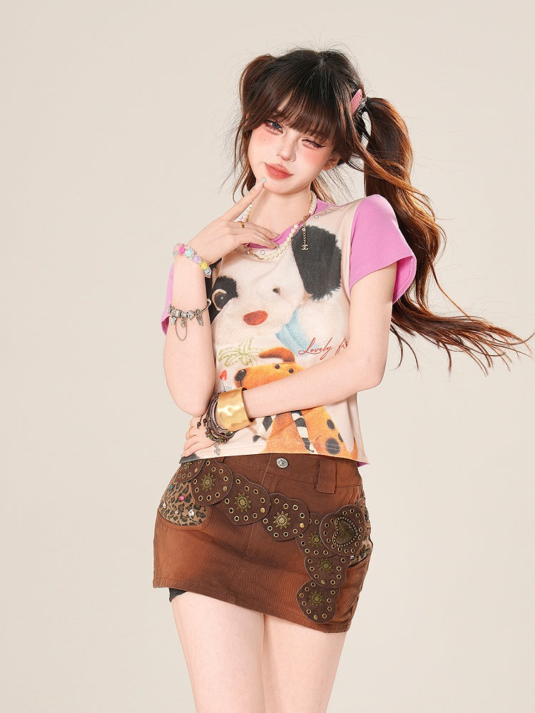 愛らしいカラーブロックデザインの子犬プリントのブルー/ピンクのTシャツ