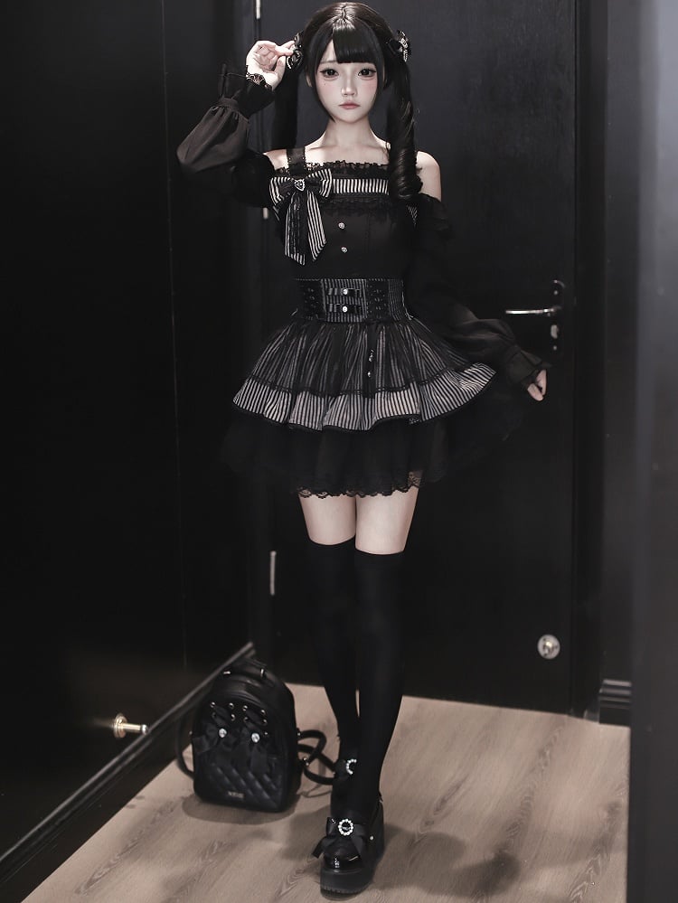 High-Waist / Kei Black Skirt Sweet Jirai Dark Striped Tiered Top Off-Shoulder
