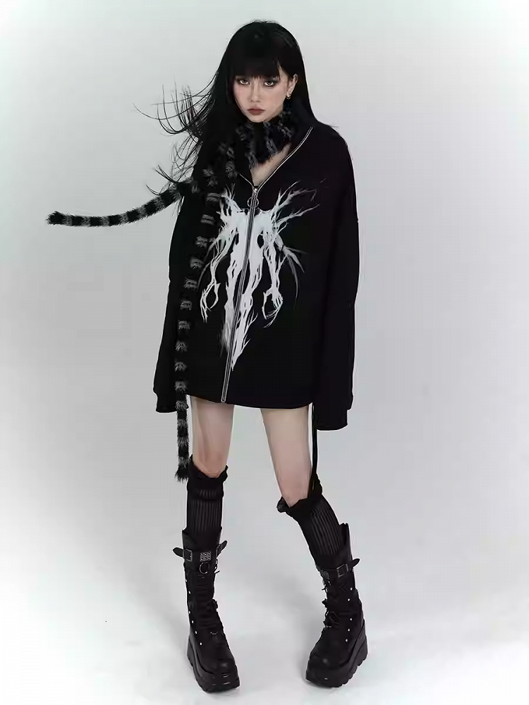 Gothic Schwarzer Kapuzenpullover mit Reißverschluss und lockerer Grafik