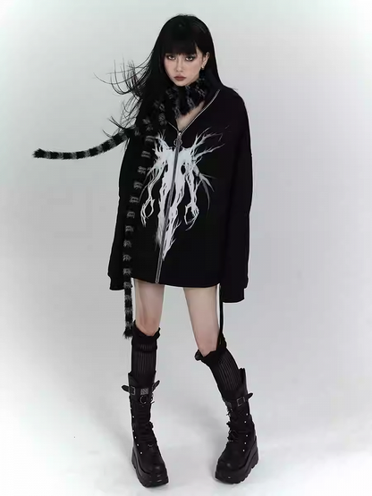 Gothic Schwarzer Kapuzenpullover mit Reißverschluss und lockerer Grafik