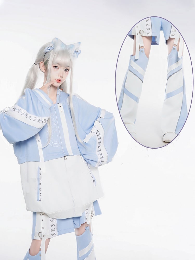 Details Heart with Straps Light Metallic Blue: Buckle Shorts Cyberpunk Kaiwai Tenshi Style in