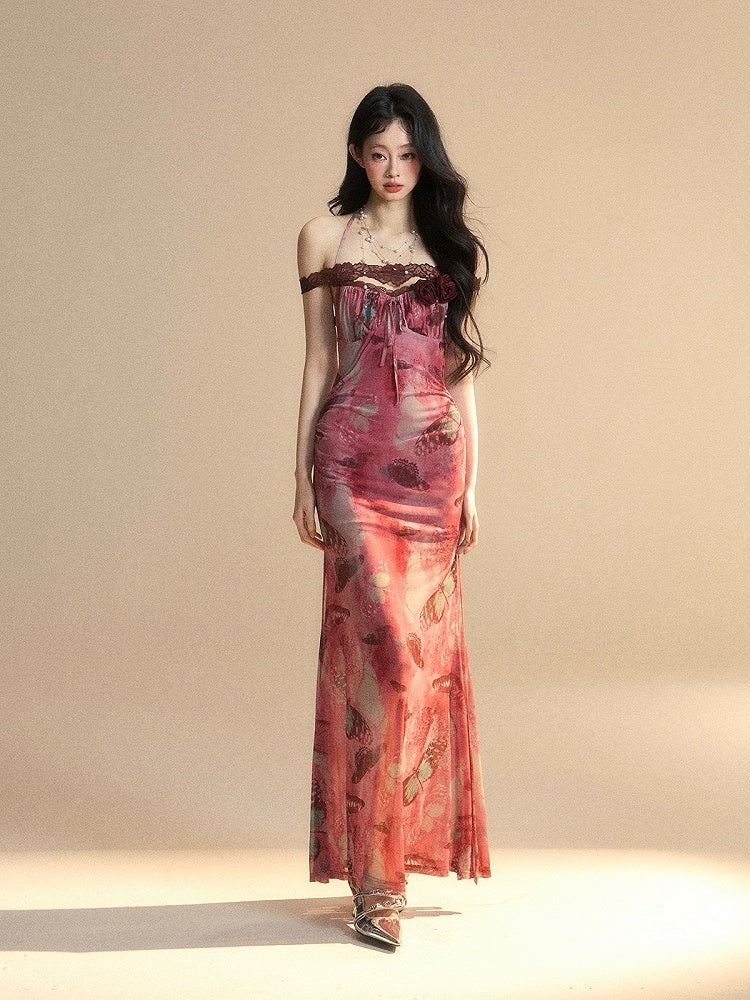 Dress Neck Accents Brick Long Red Halter Version Butterfly Print Backless Bodycon Rosette