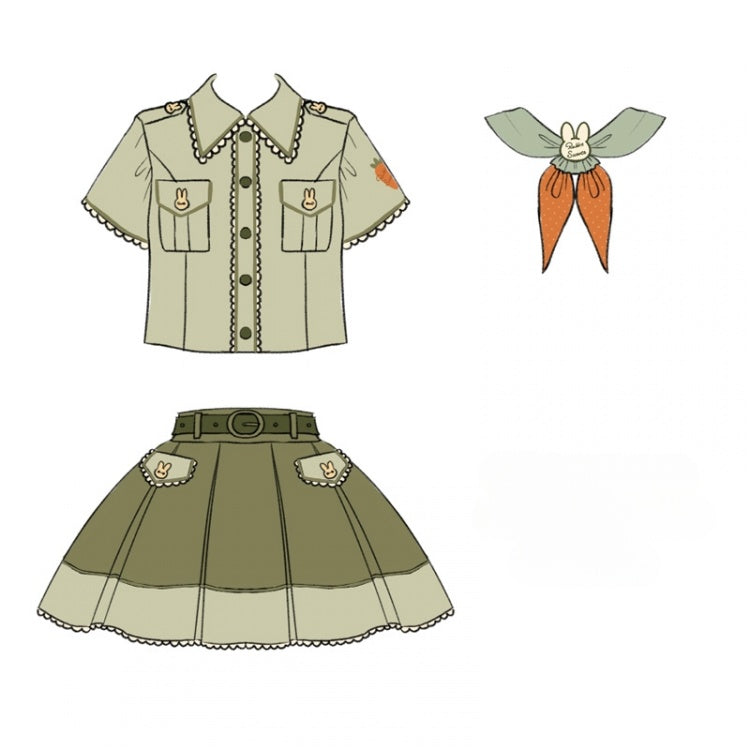 かわいいウサギの緑のシャツとニンジンのネクタイ