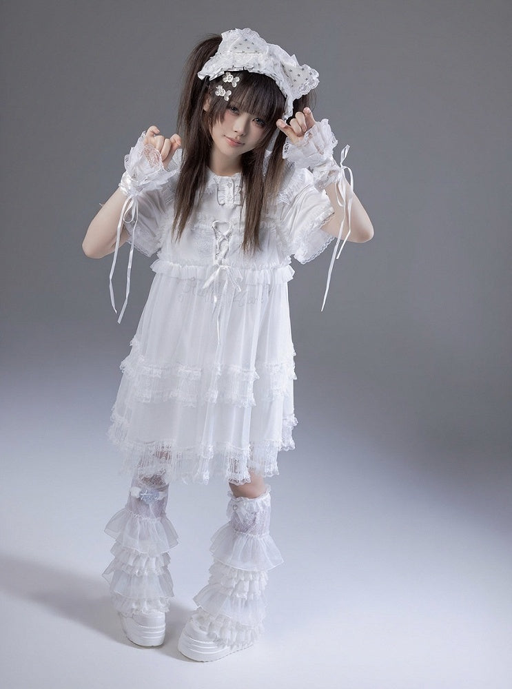 Peter Pan Collar Short Sleeve T-Shirt Dress with Print & Bows - Fluffy Heart