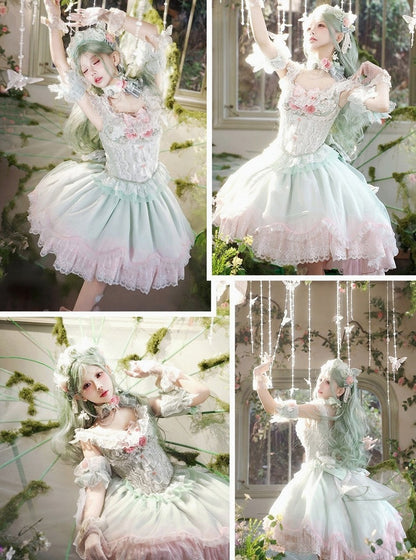 and Sweet Skirt Corset + Lace-Trimmed Bow Jacquard Green Decorated Lolita Lace Top