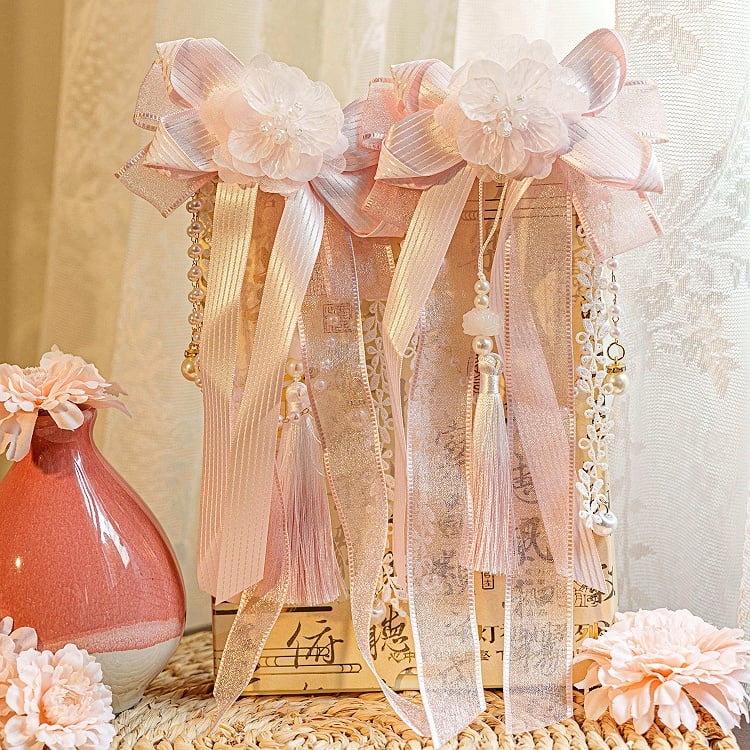 Pink Flower Bow Tassel Hairclips with Bead Chain - Dream Magic Box
