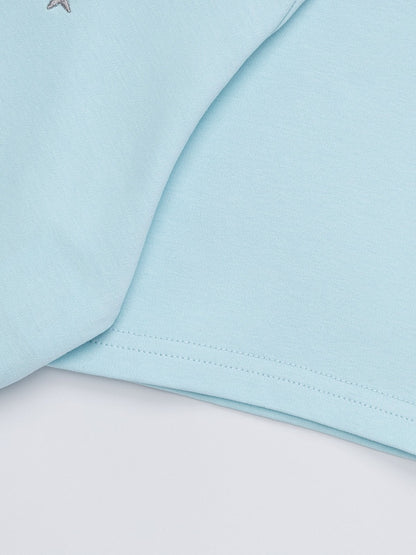 Blue Cropped V Neck Short Sleeve Hooded Letter Embroidered Top - Languid Park