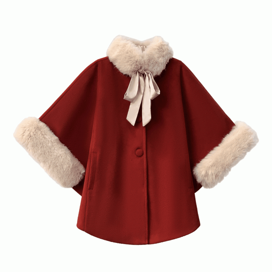 Christmas Red Wool Cape Coat with Shaggy Collar and Cuffs