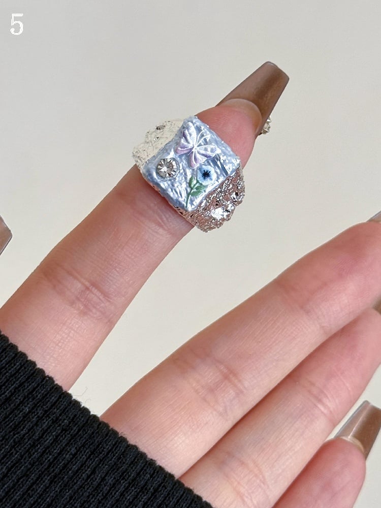 バタフライデザインリング フローラル 8 Y2K ビタースウィートブルーとオプション