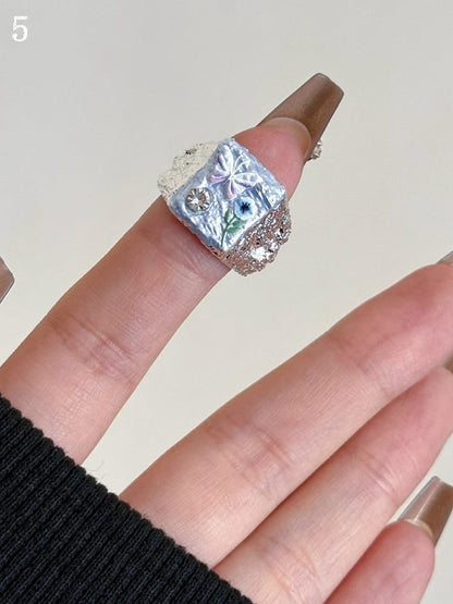 バタフライデザインリング フローラル 8 Y2K ビタースウィートブルーとオプション