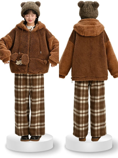Brauner Fleece-Kapuzenpullover mit süßem Welpen-Taschendesign