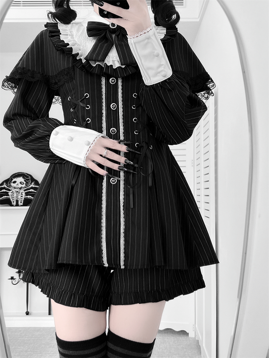 Matching + Bow Shorts Set Design Striped Dress Kei Cape Tie Jirai Black Long-Sleeve Lace-Up